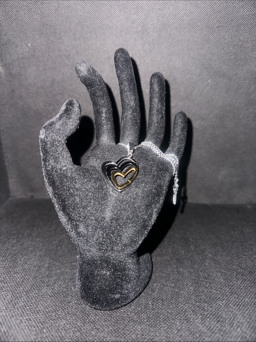 Three Tone Open Heart Pendant Necklace - Black, Silver and Gold Accent
